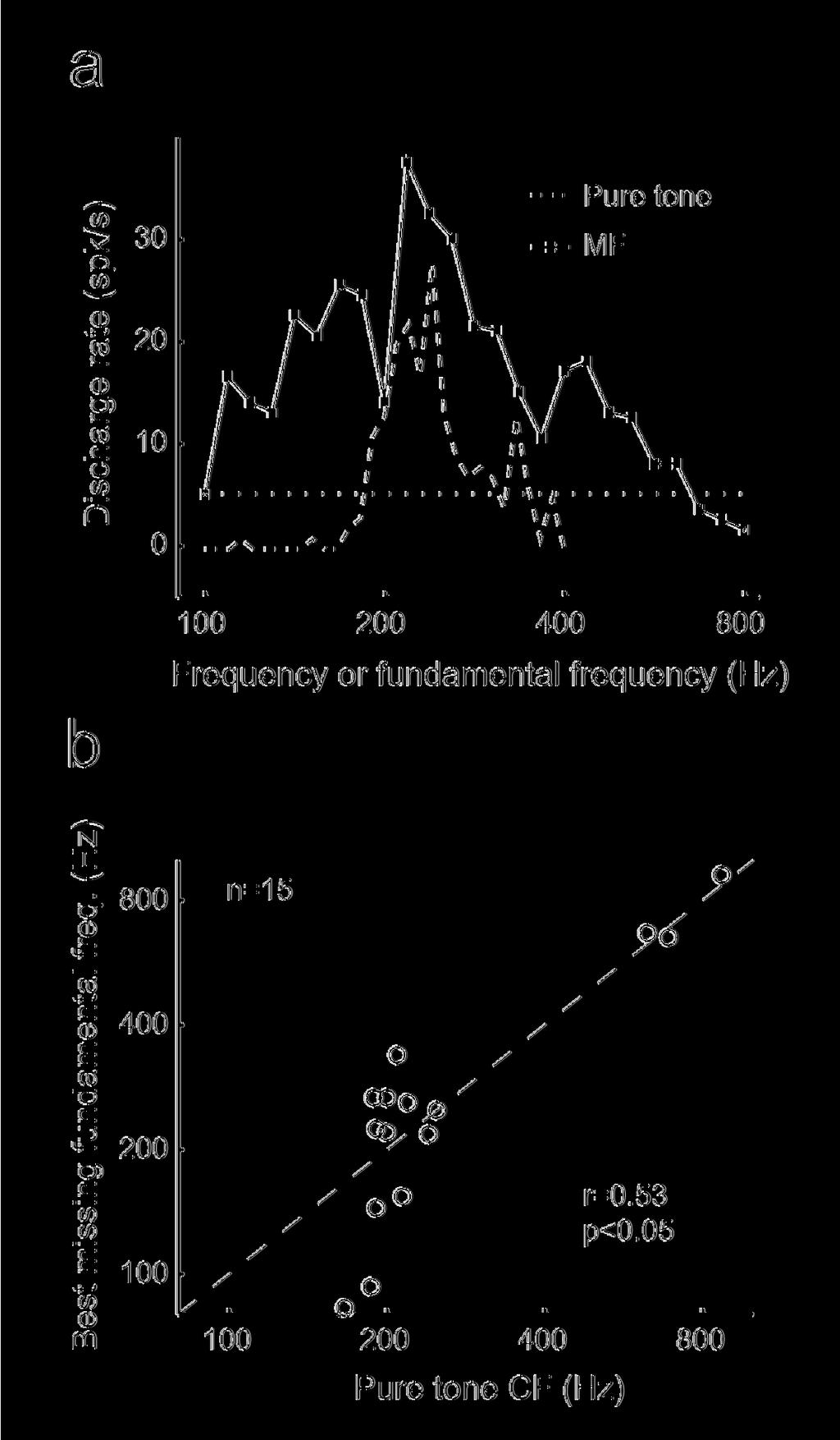 Bendor and Wang Page 10 of 13 Figure 3. Pitch-selective neurons share a similar tuning for pure tones and MFs. a. An example of an individual pitch-selective neuron s tuning to pure tone frequency and the fundamental frequency of MFs respectively.