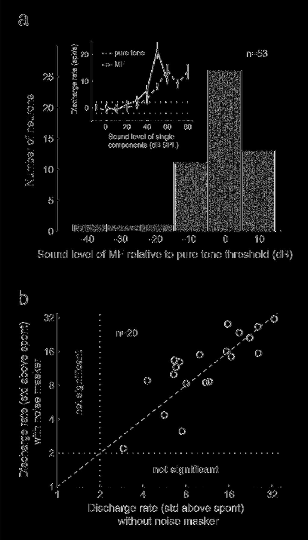 Bendor and Wang Page 12 of 13 Figure 5. MF responses are not caused by combination tones. a. Distribution of sound level threshold for individual components of the MF response relative to the sound level threshold for a pure tone response at the neuron s CF.