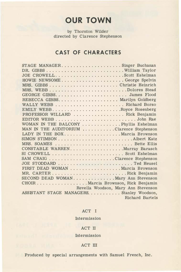 OUR TOWN by Thornton Wilder directed by Clarence Stephenson CAST OF CHARACTERS STAGE MANAGER............... Singer Buchanan DR. GIBBS.................... William Taylor JOE CROWELL.