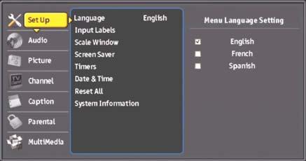 .....Page30 Menu Language Setting English French Spanish Scale Window Select this option to fine-tune video screen size in order to ease video over-scan issue.