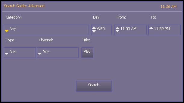 Select one or more categories by navigating with your remote: Category (Genre), Day, From (Start Time), To (End Time), Channel, and Title.