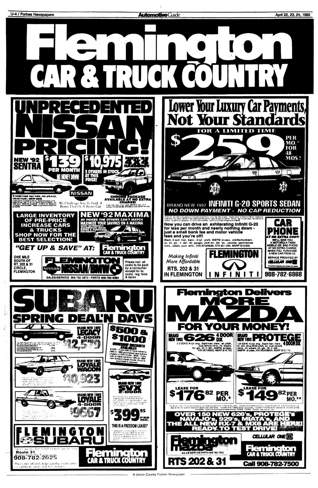 U»4 / Forbes Newspapers JUitomotfreGuide April 22, 23,24,1992 lower ftur luxury Car Payments Not Ifour Standards FOR A LIMITED PER MO* FOR MOS! E modal 4*pd man. trana., nrt, p*,4<yt.