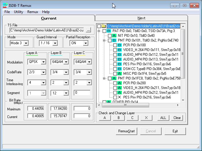 ISDB-T Remux The ISDB-T Remux application shows each of the transport stream PIDs being dedicated to Layers A, B, or C. The remultiplexed.rmx file can be played over ASI to a ISDB-T/Tb modulator.