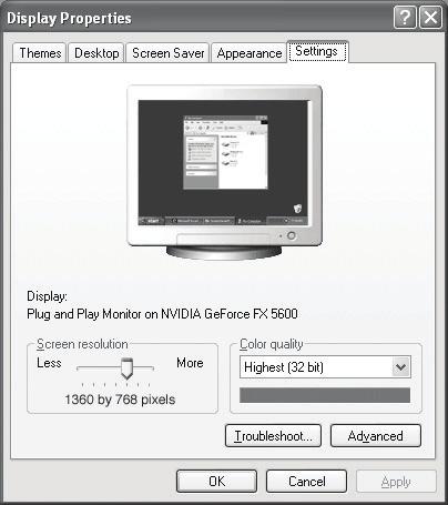 PC Display Using Your as a Computer (PC) Display Setting Up Your PC Software (Based on Windows XP) The Windows display-settings for a typical computer are shown below.