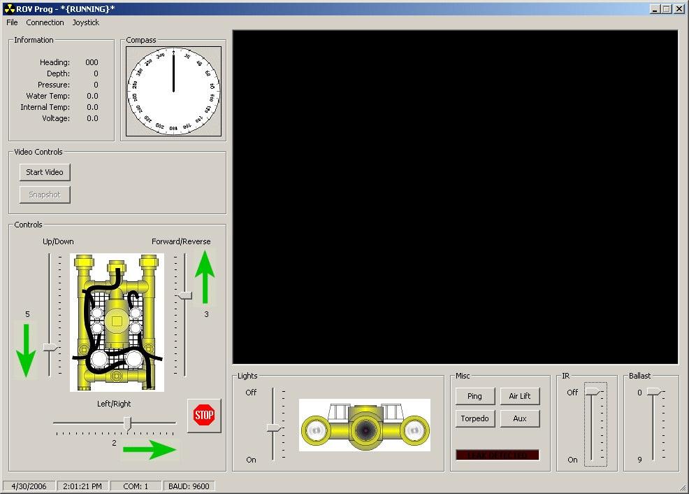 10. The ROV is controlled via a visual basic interface that looks like this. There are commands are sent via the RS232 serial port.