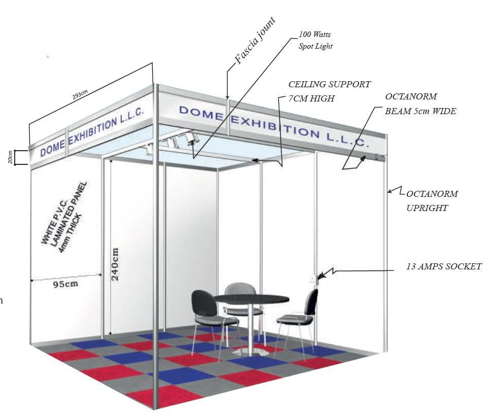 BOOTH INFORMATION Each 3mx3m booth will receive: -3mx3mx2.5m Octanorm shell scheme booth in silver with white infill panels, (x3) arm lights, and company name on fascia.