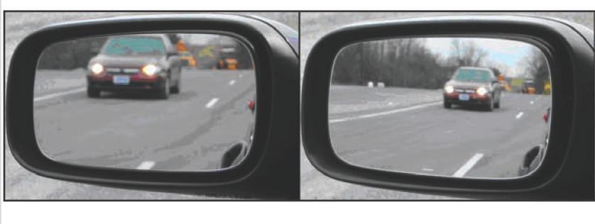 Figure 2: The view in flat (on left) vs. convex (on right) driver s side mirrors image detail from Wierwille et al.