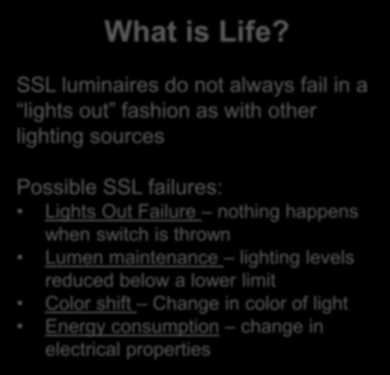 appliance luminaires and lamps) Accelerating failure modes of SSL products in a meaningful way is difficult What is Life?
