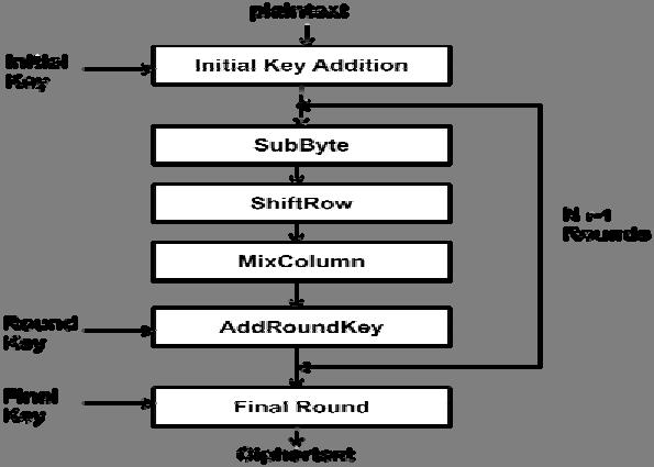 Fig.1. AES Encryption Structure AES-128 encryption consists of 10 rounds of transmission of the input plaintext for the cipher text. For AES- 128 bit the corresponding key length is 128 bits.