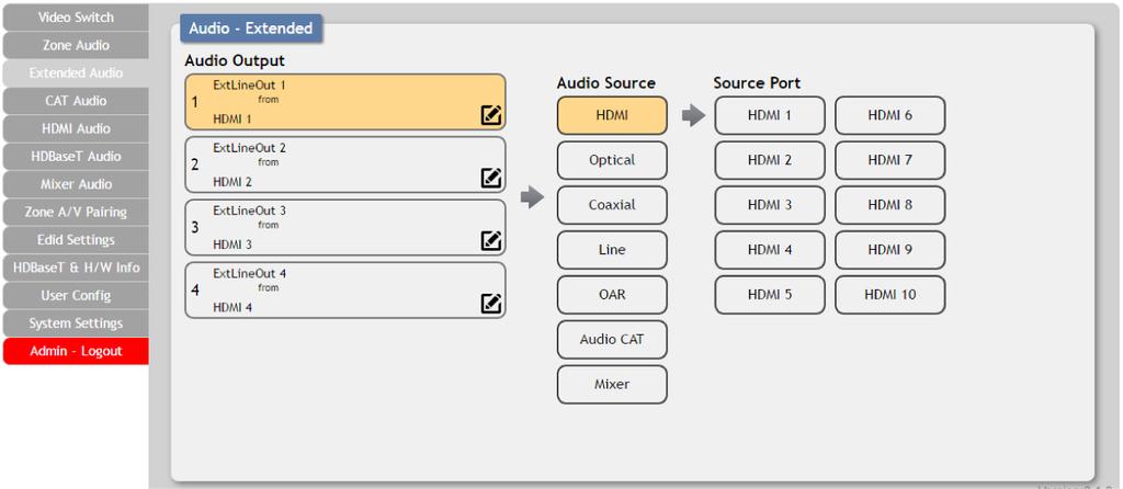 WebGUI Control Extended Audio The Extended Audio ports offers additional analog audio breakaway capability.