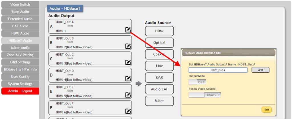 WebGUI Control HDBaseT Audio The audio routed to the (8) HDBaseT outputs (Ports: A~H) and their associated settings are adjusted on this page.