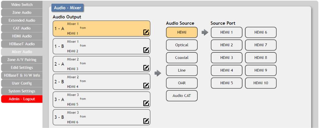 WebGUI Control Mixer Audio The Audio Mixer feature allows for any (2) audio sources to be mixed together.