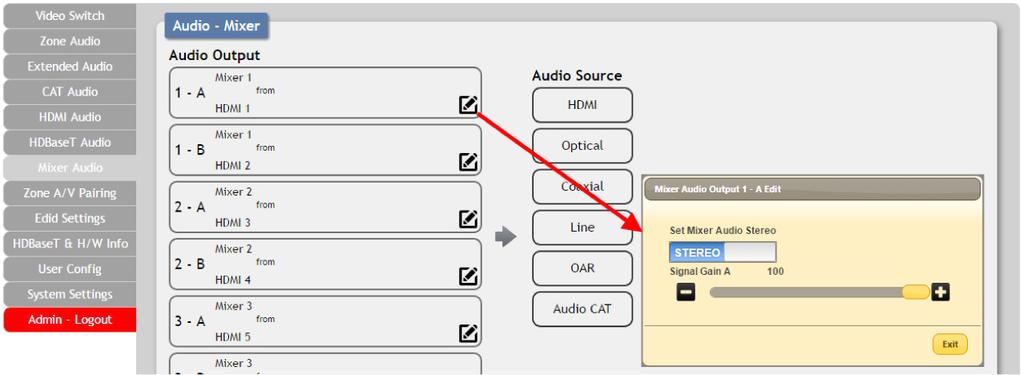 Output and Input Routing Click the buttons from left to right to choose each mixer s A & B sources. Only (2) sources total may be selected for each mixer.