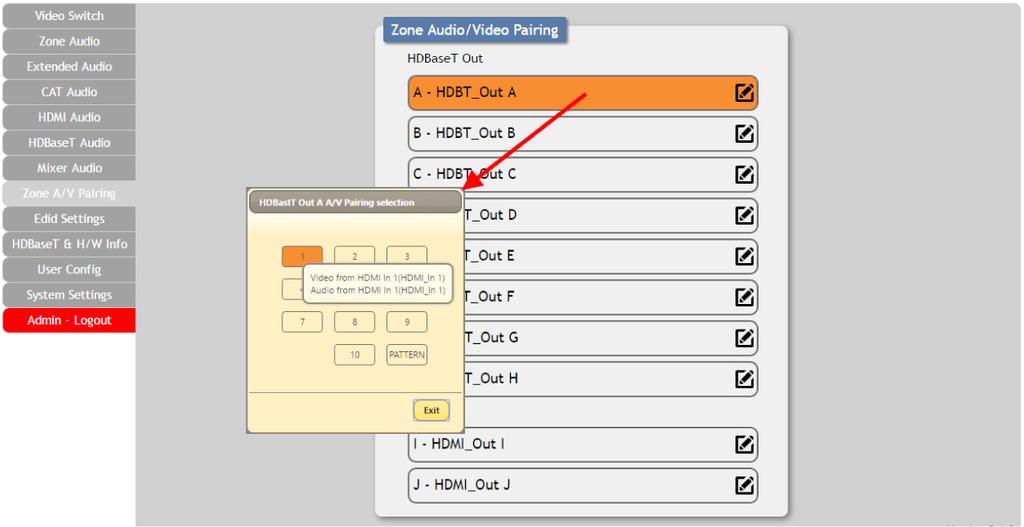 WebGUI Control Zone A/V Pairing The zone A/V pairing function allows the end user to control the matrix, using the supplied remote control, in a customized manner while in remote rooms (zones)