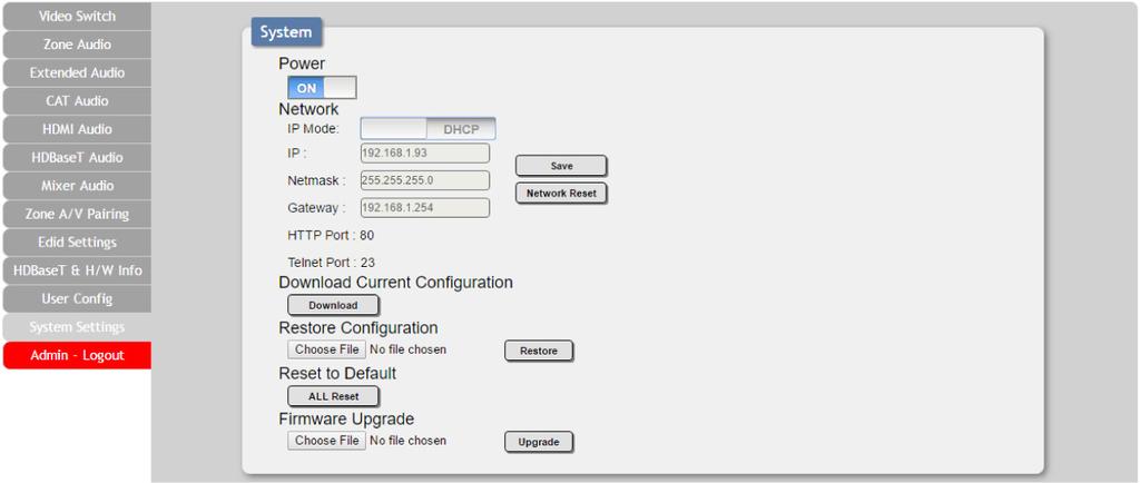 WebGUI Control System Settings This page provides system configuration options including turning