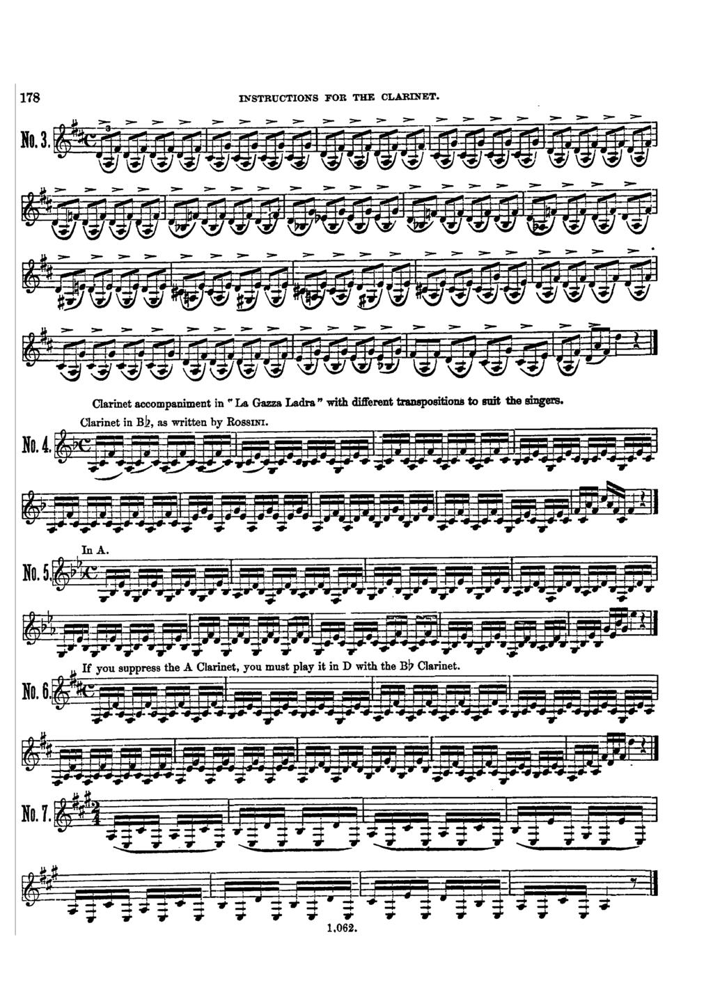 178 NSTRUCTONS FOR THE CLARNET Clarinet accompaniment in, La Gazza Ladra " with diff'erent transpositions to suit the smgers Clarinet in Bl?, as written by RossN No4JJJff, :, J!