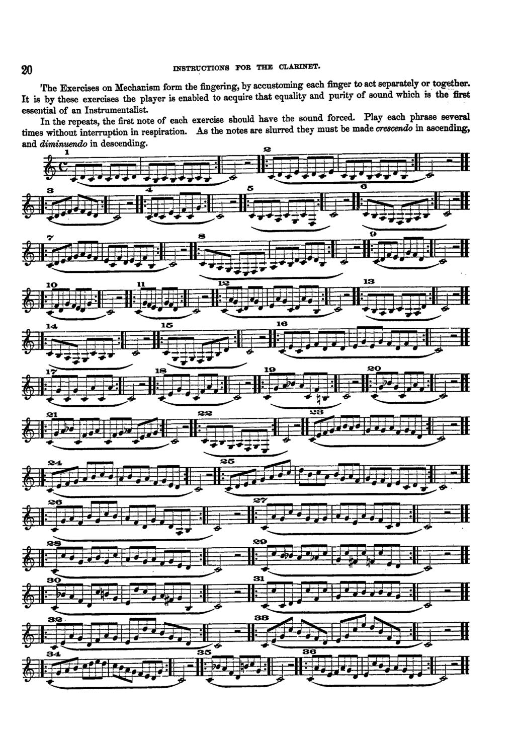 20 NSTRUCTONS FOR THE CLARNET 'rhe Exercises on Mechanism form the :fingering, by accustoming each finger to act separately or together t is by these exercises the player is enabled to acquire that