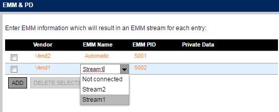 Web GUI Control Figure 5.63 Simulcrypt Block (EMMs) 5.3.2.13.1 EMM & PD Widget The EMM & PD widget displays the Entitlement Management Message (EMM) and Private Data (PD) information. Figure 5.64 EMM Selection The widget enables selection/editing of EMM properties: Vendor Enables selection of the CA vendor Entitlement Management Message Generator (EMMG).