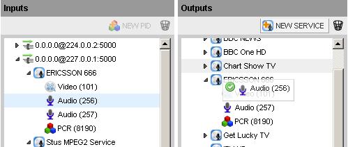 To copy a Transport Stream, Service or Component; click on the item in the Inputs panel and drag-and-drop onto the Outputs panel (to select more than one, use Shift-click to select adjacent items or