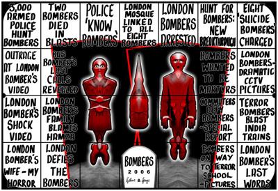 Rebecca Stones 11 Bombing, 2006, 336 x 493cm, Photograph Piece. For over 40 years Gilbert & George have produced over 1000 pictures from the heart.
