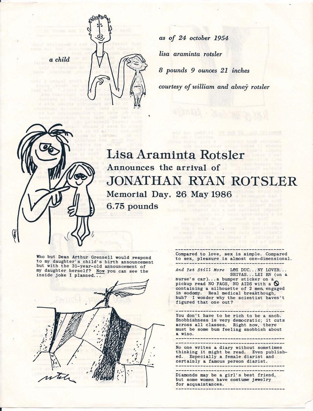 ,- as of 24 october 1954 a child lisa araminta rotsler 8 pounds 9 ounces 21 inches courtesy of william and abnej rotsler Lisa Araminta Rotsler Announces the arrival of JONATHAN RYAN ROTSLER Memorial