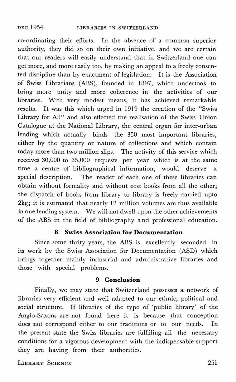 DEC 1954 LIBRARIES IN SWITZERLAND co-ordinating their efforts.