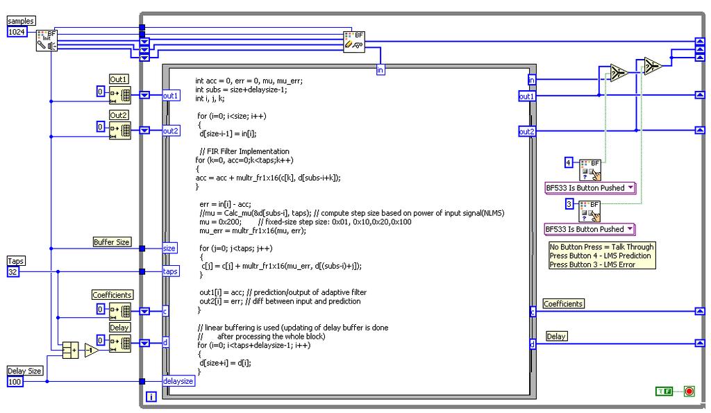 Hands-on Experiment 4.7: This experiment implements the LMS algorithm with the LabVIEW Embedded Module for ADI Blackfin Processors using C programming.