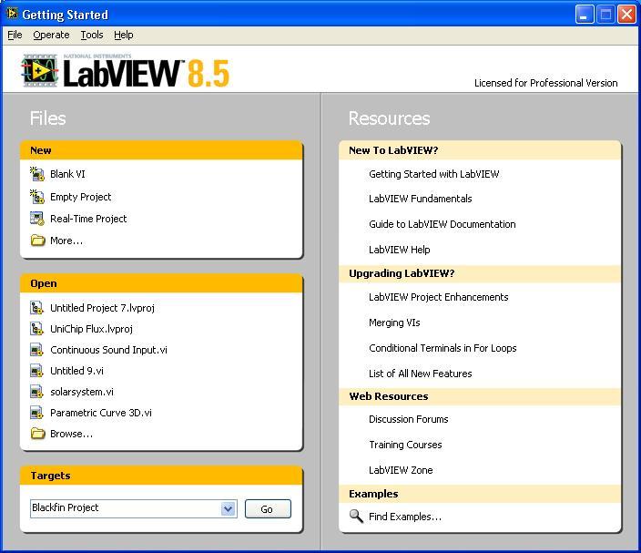 Figure A.10 LabVIEW Getting Started screen.