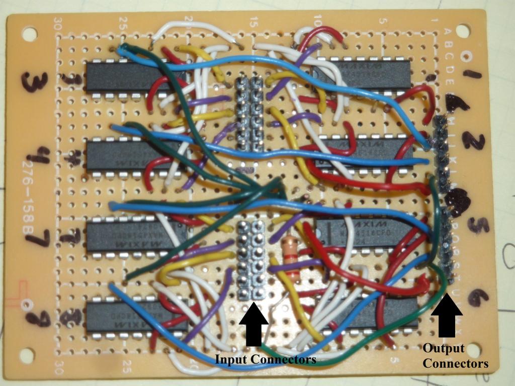 Figure 13: Constructed Encoder MUX Array Featuring eight multiplexers, the encoder needed to be laid out for easy access to the input and output connections.