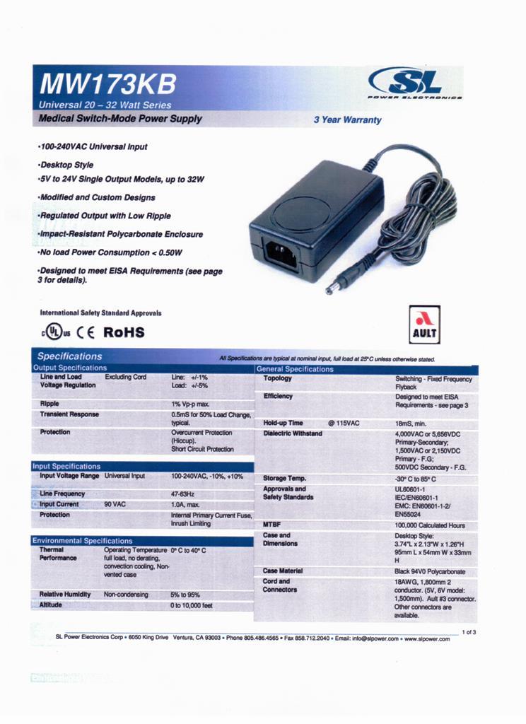 Appendix A: Power supply specification The AC-DC converter supplied with the SM02 is a model MW173KB from SL Power Electronics