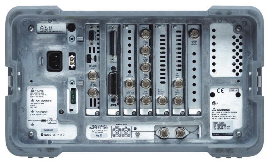 Agilent ESA-E series 12 Vdc operation from automotive batteries. Add an external VGA color monitor. Parallel port supports most HP printers (optional).