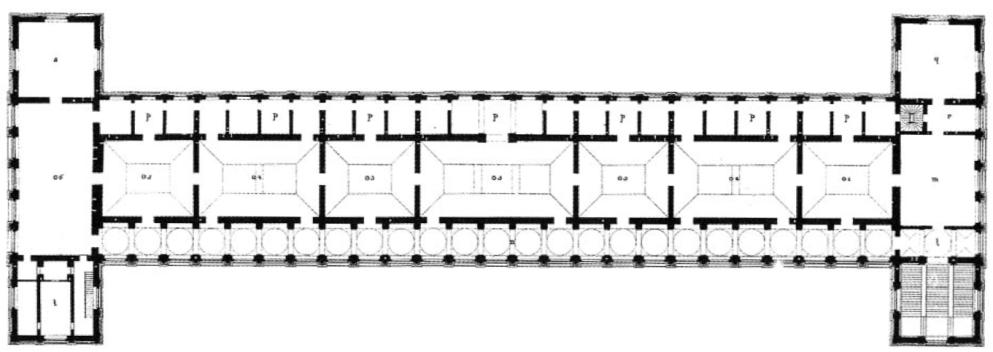 articulated around different patios; the building, in the shape of an H, has a well-developed central part, where the enfilade rooms are following each other.