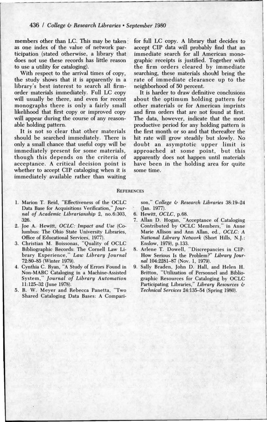 436 I College & Research Libraries September 1980 members other than LC.