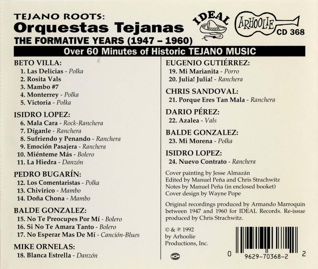 BETOVILLA: 1. Las Delicias -Polka 2. Rosita Vals 3. Mambo#7 4. Monterrey- Polka 5. Victoria- Polka Over 60 Minutes of Historic TEJANO MUSIC 6. Mala Cara- Rock-Ranchera 7. Diganle- Ranchera 8.