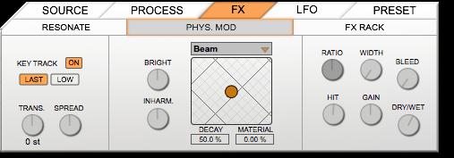 Physical Modeling The Physical Modeling section of the FX tab simulates the acoustic characteristics of seven different resonant objects.