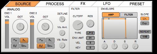 You can choose which Source you would like to use (Analog or Sampler) by using the routing section