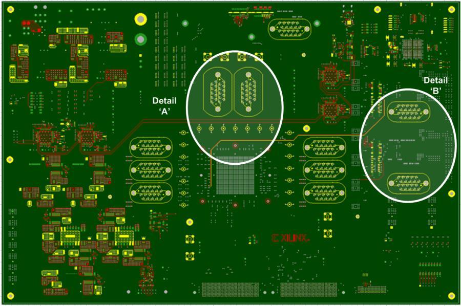 Figure 3: Top view of the VC7222 PCB with the 28Gbps Channels in Detail A and the test fixture calibration structures in Detail B, which are expanded on the right to show the inner layer routing.