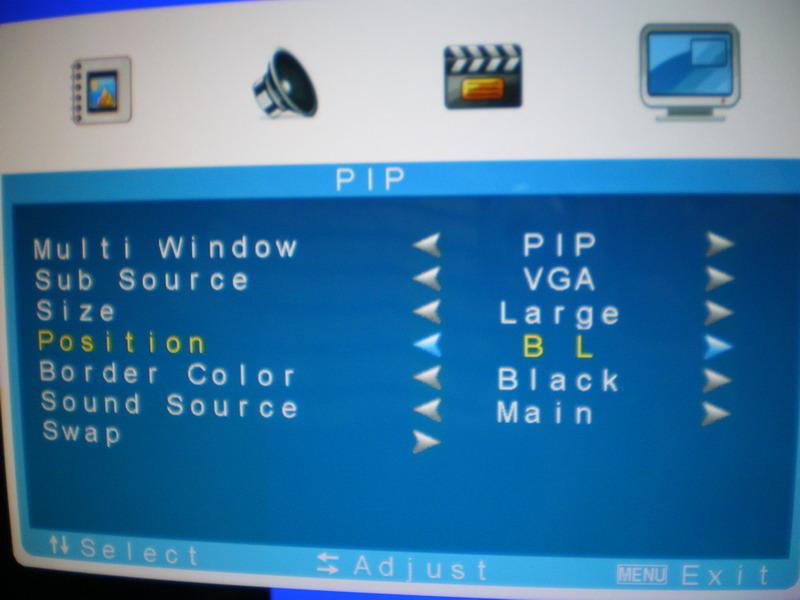 PIP/POP Setup Mode 1. Multi Window Press OR to select PIP, POP,Off mode. 2. SubSource Press OR to select AV, VGA mode. 3. Size Adjust the size of Sub Source window. Press OR to select Large, Small 4.