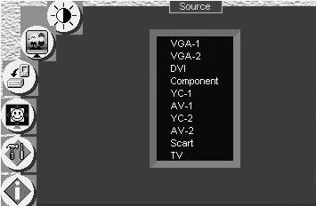 8.3 Selecting the Source Configuring the VP-724xl via the OSD MENU Screens Figure 19 illustrates the Source screen, displaying the active source 1 (main screen).