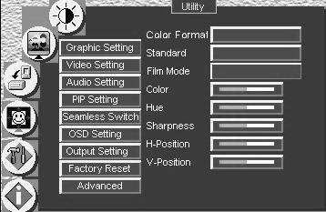 Configuring the VP-724xl via the OSD MENU Screens Table 10: Graphic Setting Utility Screen Features Button Function Range Default Color Format Selecting the color format lets you select RGB or YUV 1