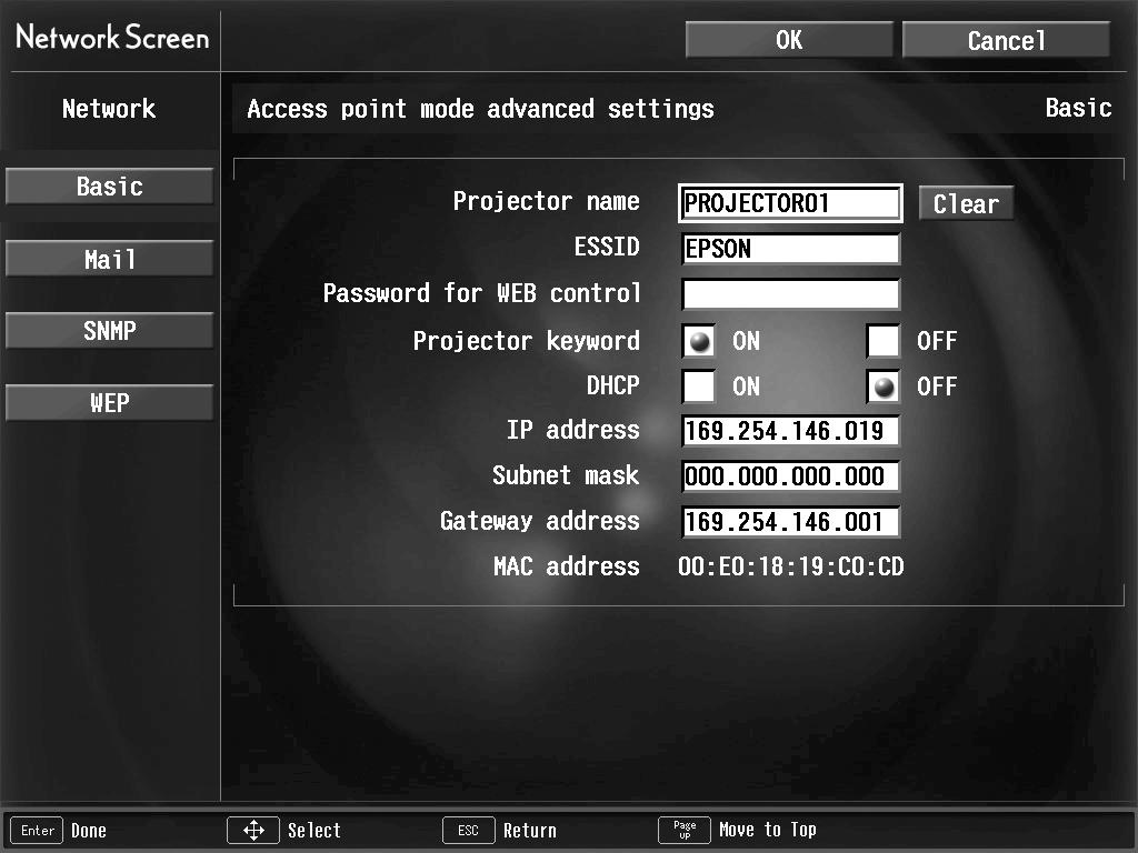 Then press Enter on the remote control. You see a screen similar to the following: Access Point mode 4. Select the appropriate settings for your mode.