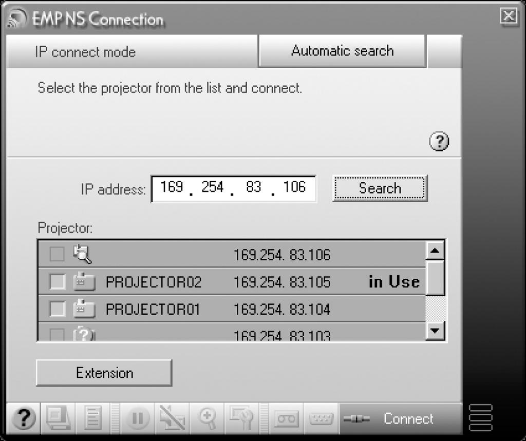 If you are prompted for a keyword, enter the four-digit number displayed on the EasyMP Network screen and click OK. 4. Click IP connection. You see this screen: 5.