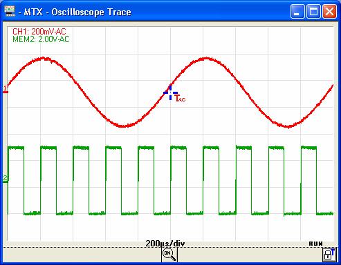 In the 'Oscilloscope Control' window the channel name is displayed as MEMx, and the settings for the vertical block for the channel in question are updated using the values contained in the file.