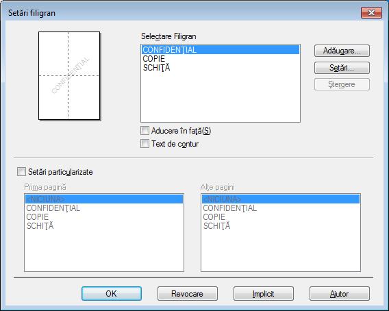 Driver şi programe software Setări filigran Selectare Filigran