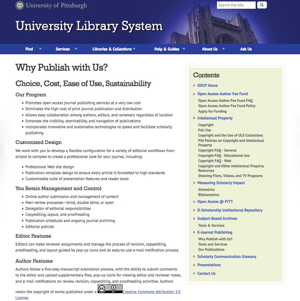 UNIVERSITY OF PITTSBURGH LIBRARIES Why Publish with Us? http://library.