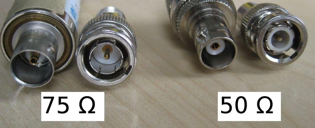 Types: BNC connectors: From left to right: 75 Ω female, 75 Ω male, 50 Ω female, 50 Ω male.