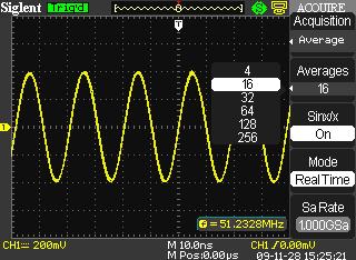 Average: The oscilloscope acquires several waveforms, averages them, and displays the resulting waveform. Advantage: You can use this mode to reduce random noise. Picture 2.