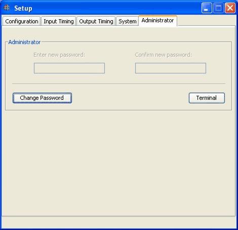 OPERATION Set Up Administrator Tab.... The Administrator tab is used to change the system password. It may also be used to open a terminal window to allow command control.