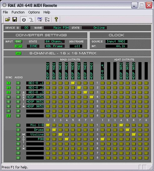 Software MIDI Remote in matrix view mode Brief description of Windows Software ADI-648 MIDI Remote File Save Setup All settings can be stored in a file, and reloaded at any time.