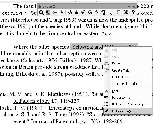 Editing in-text citation Right click on citation in order